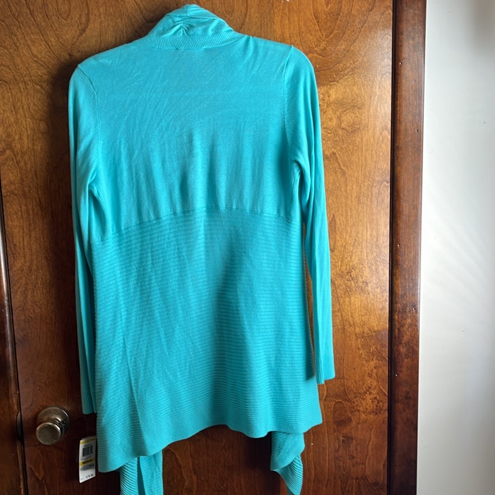 INC teal blue cardigan sweater size medium ruffles in the front - Picture 4 of 4